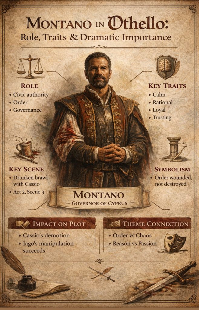 Infographic explaining Montano’s role, traits, key scenes, and symbolic importance in Othello