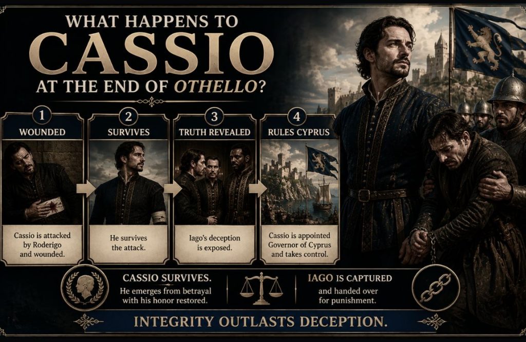 What happens to Cassio at the end of Othello