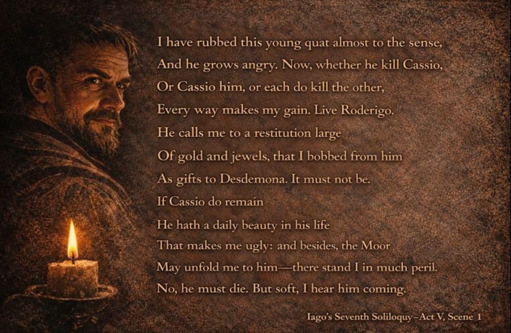Iago’s Seventh soliloquy in Othello Act 5, Scene 1