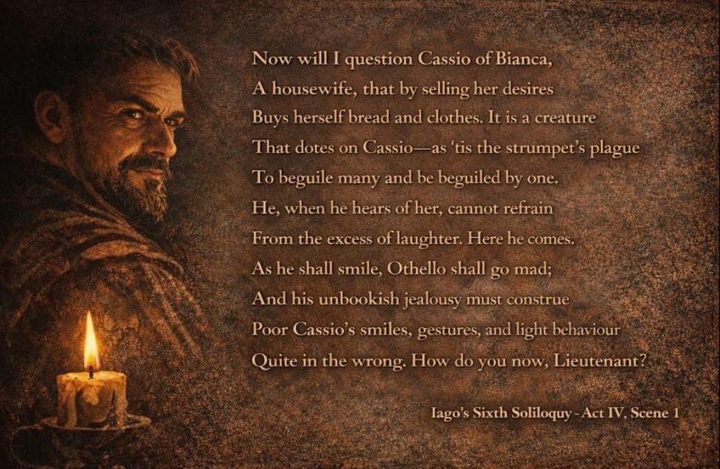 Iago’s Sixth soliloquy in Othello Act 4, Scene 1