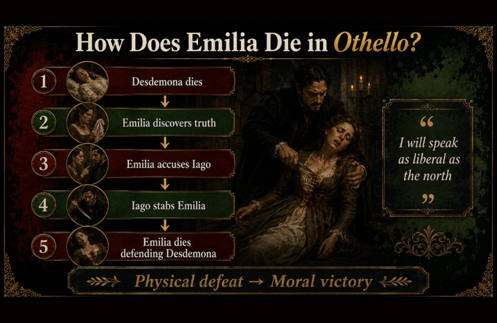 How does Emilia die in Othello