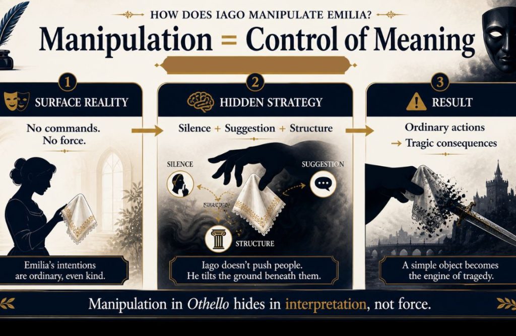 How does Iago manipulate Emilia step by step 