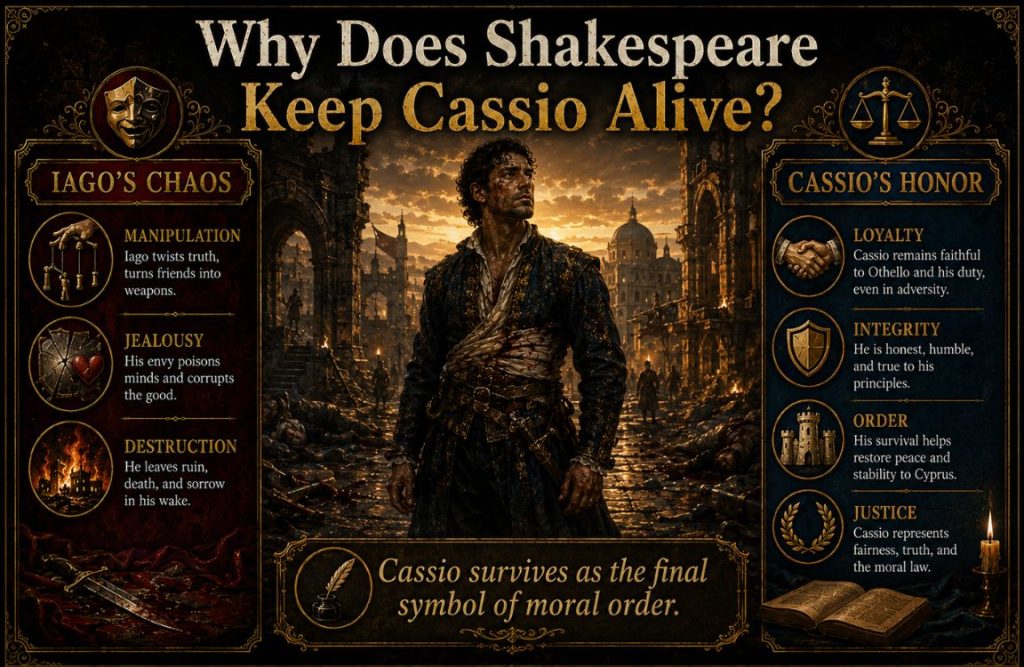 Why does Shakespeare keep Cassio alive in Othello